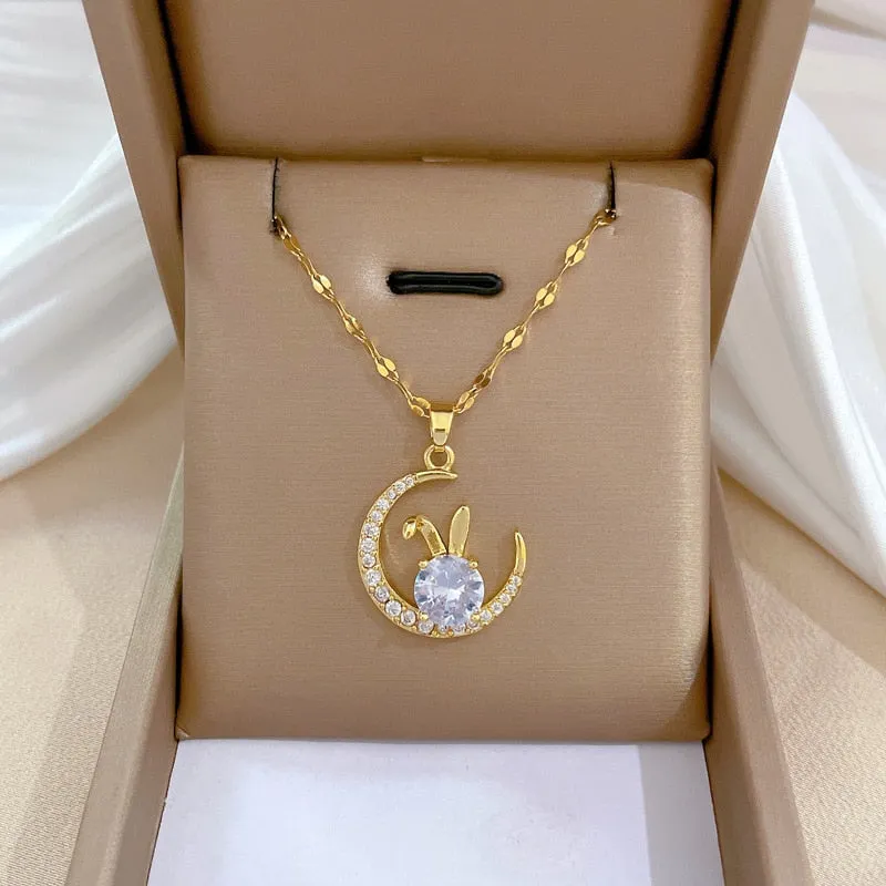 Korean Rabbit On The Moon Crystal Pendant Necklace For Women