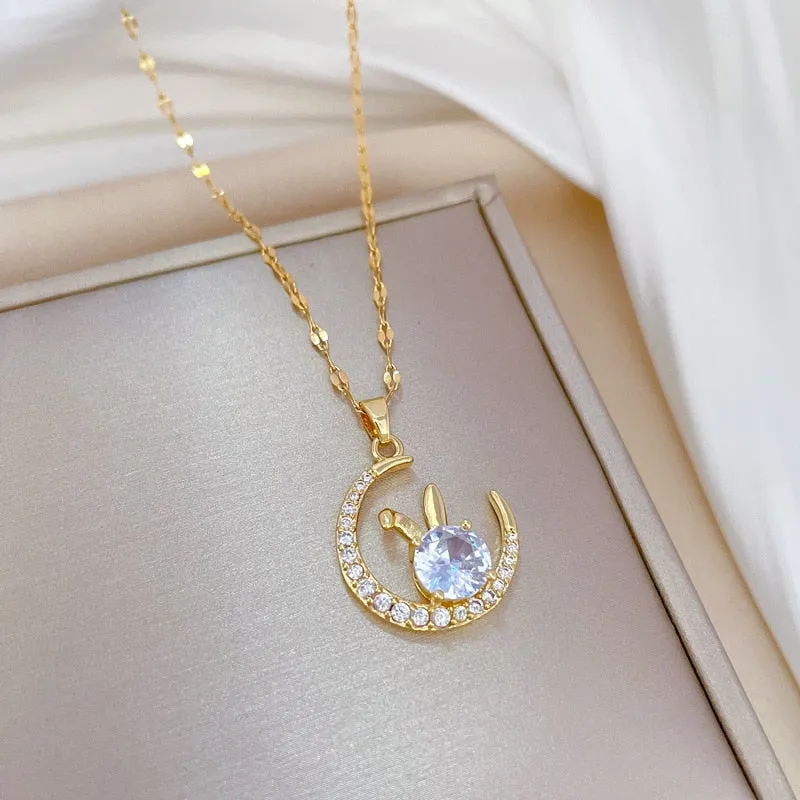 Korean Rabbit On The Moon Crystal Pendant Necklace For Women