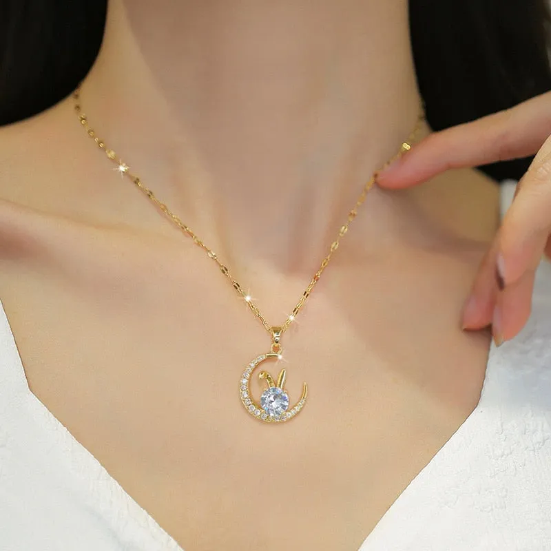 Korean Rabbit On The Moon Crystal Pendant Necklace For Women