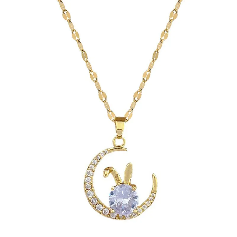 Korean Rabbit On The Moon Crystal Pendant Necklace For Women