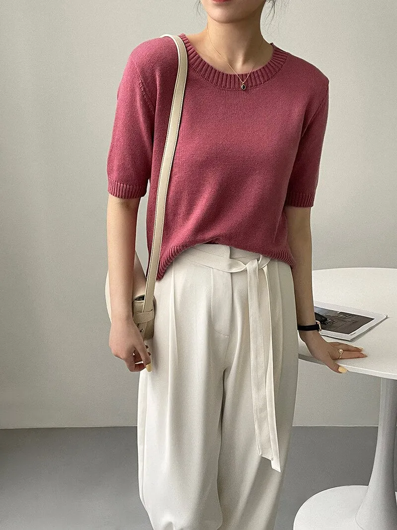 [Korean Style] 10 Color Half Sleeve Round Neck Knit Top