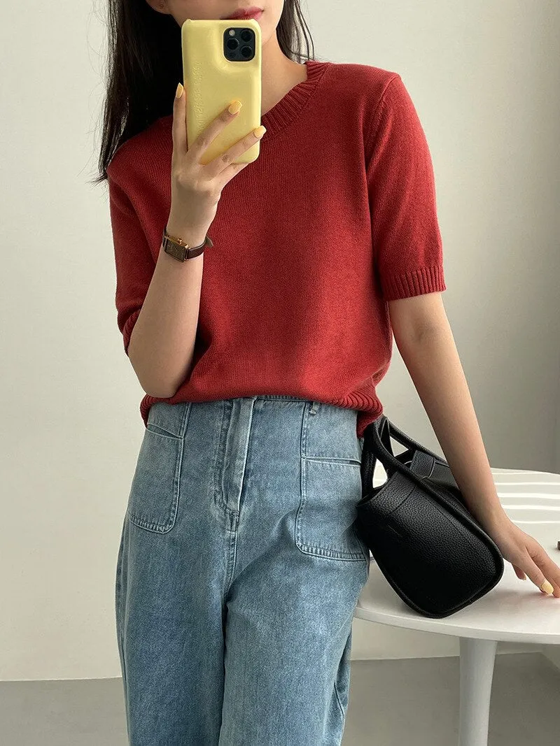 [Korean Style] 10 Color Half Sleeve Round Neck Knit Top