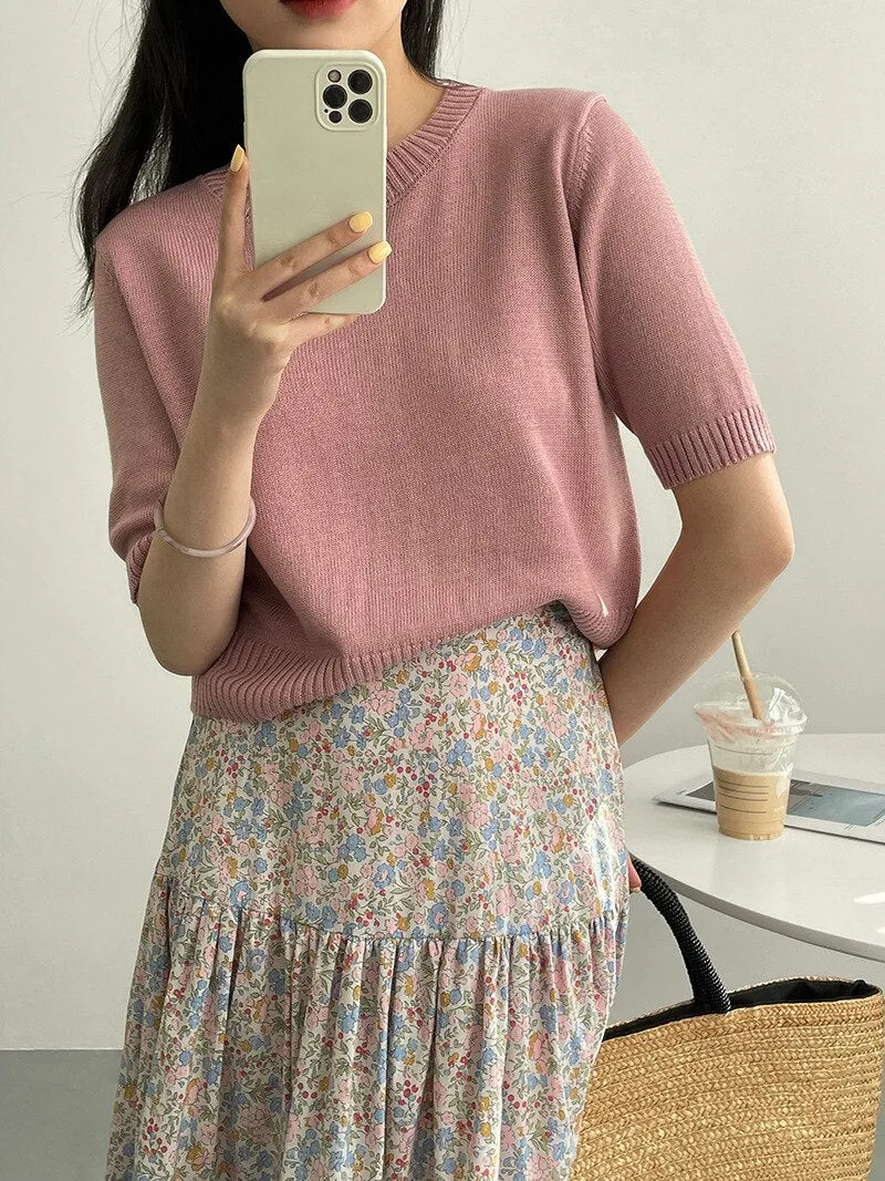 [Korean Style] 10 Color Half Sleeve Round Neck Knit Top