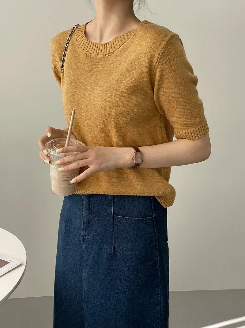 [Korean Style] 10 Color Half Sleeve Round Neck Knit Top