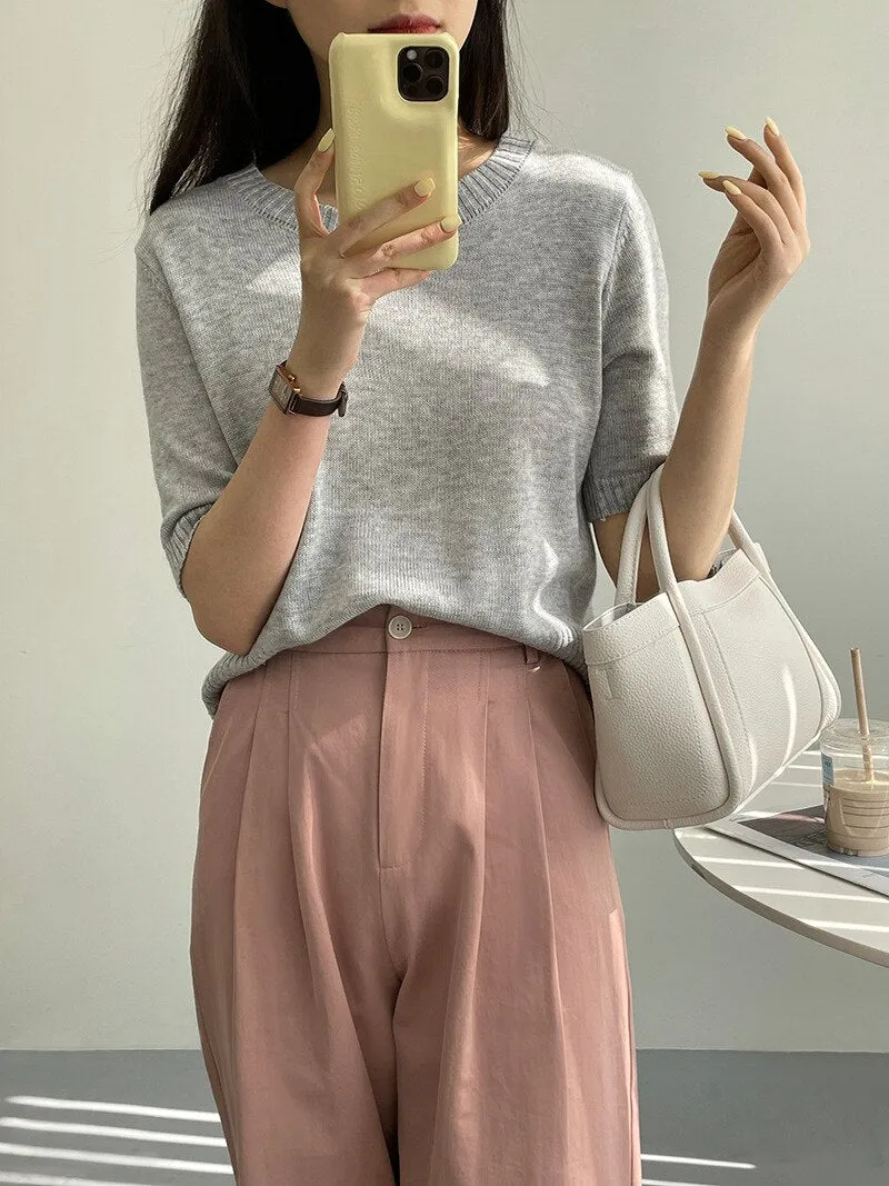 [Korean Style] 10 Color Half Sleeve Round Neck Knit Top