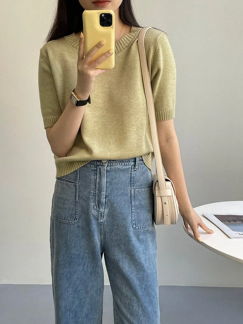 [Korean Style] 10 Color Half Sleeve Round Neck Knit Top