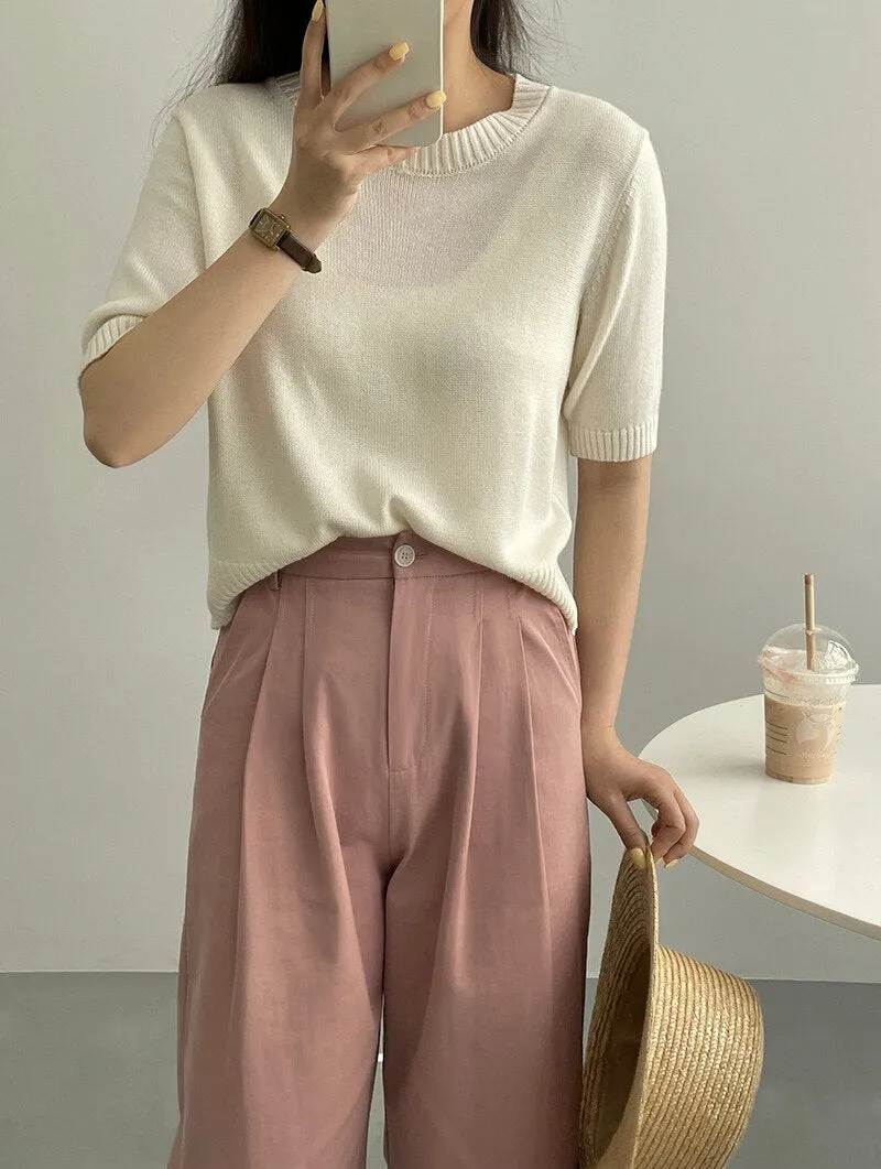 [Korean Style] 10 Color Half Sleeve Round Neck Knit Top