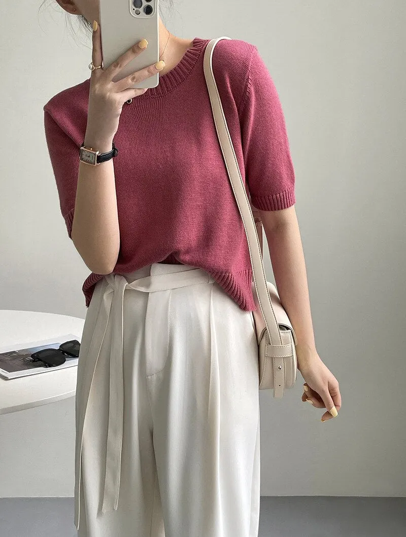 [Korean Style] 10 Color Half Sleeve Round Neck Knit Top