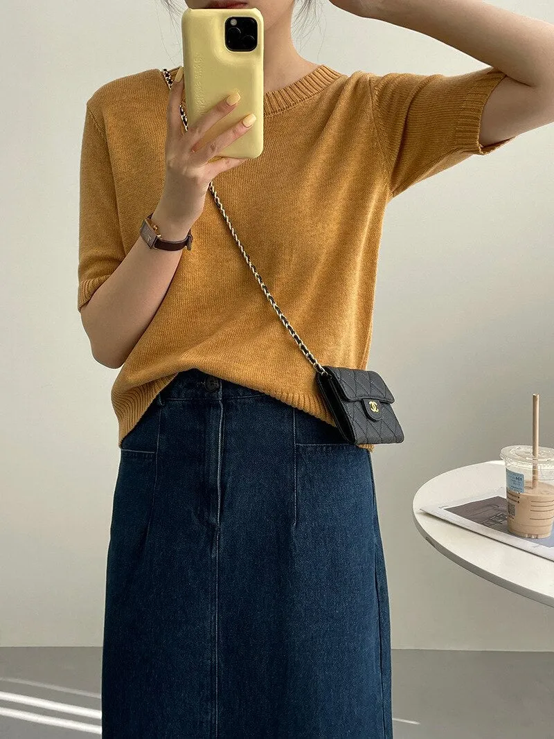 [Korean Style] 10 Color Half Sleeve Round Neck Knit Top