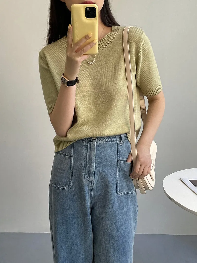 [Korean Style] 10 Color Half Sleeve Round Neck Knit Top