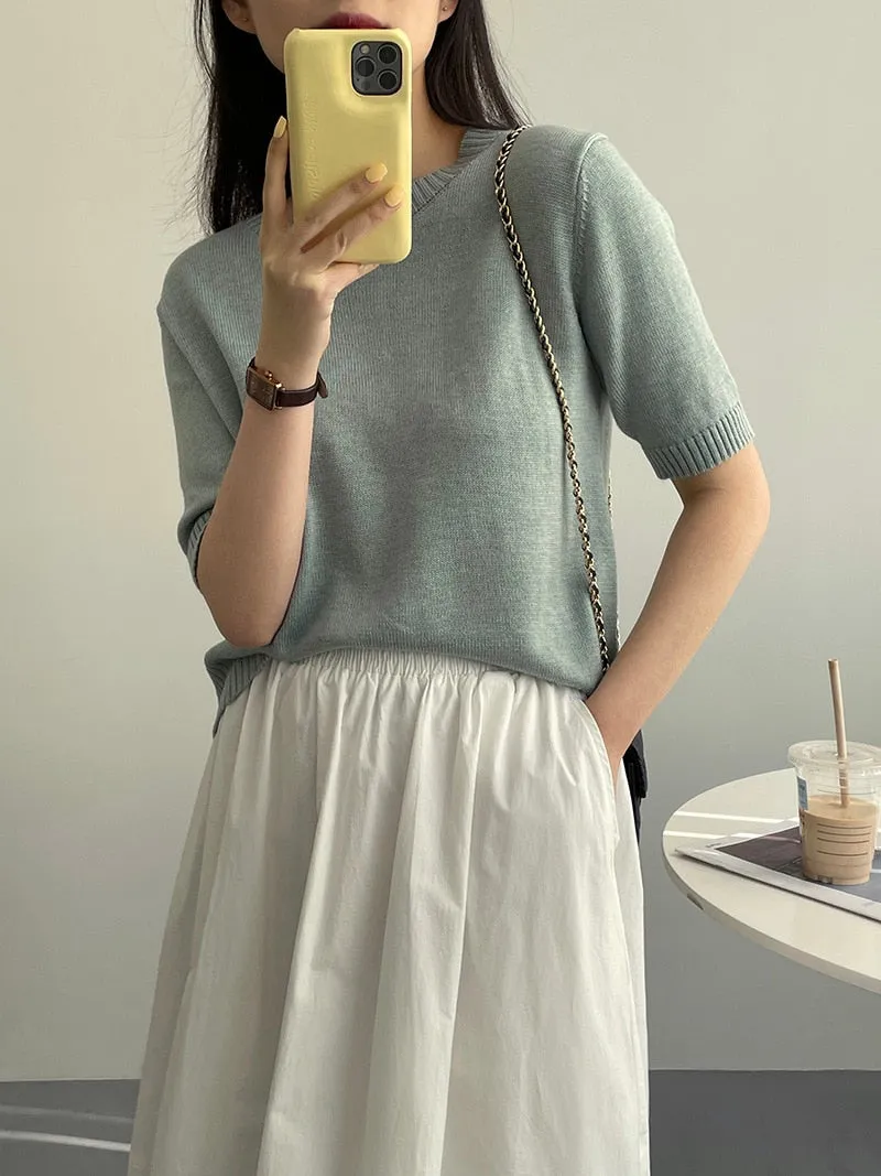 [Korean Style] 10 Color Half Sleeve Round Neck Knit Top