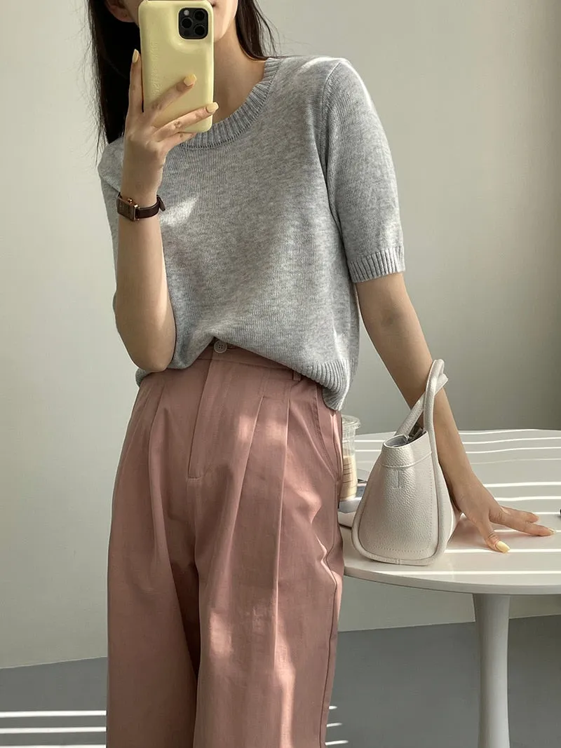 [Korean Style] 10 Color Half Sleeve Round Neck Knit Top