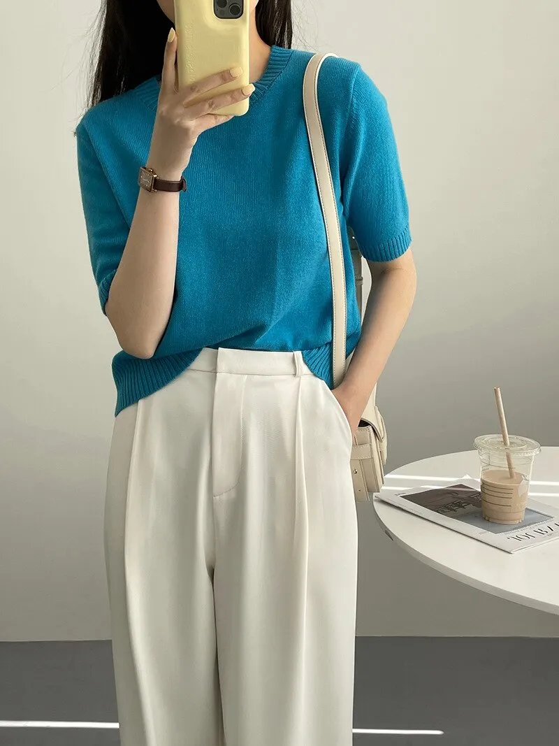 [Korean Style] 10 Color Half Sleeve Round Neck Knit Top