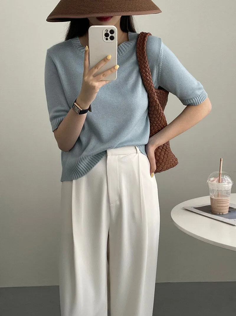 [Korean Style] 10 Color Half Sleeve Round Neck Knit Top
