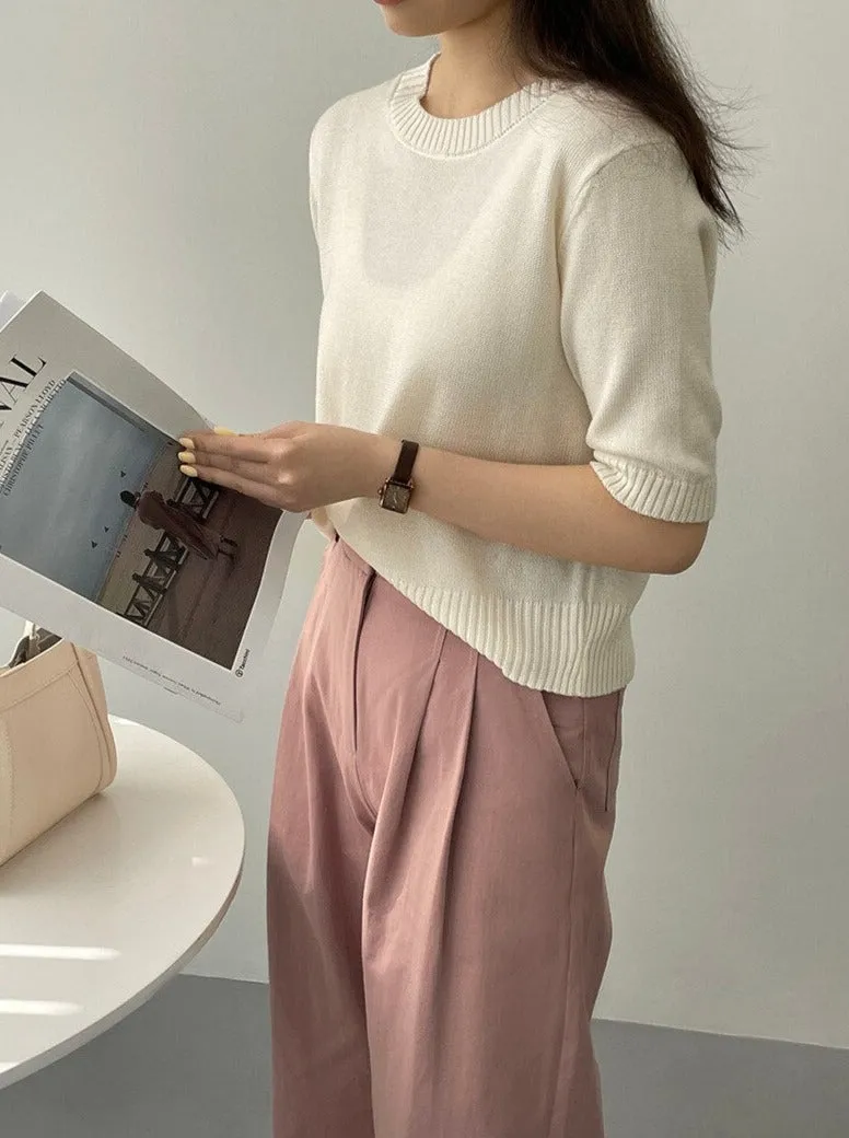 [Korean Style] 10 Color Half Sleeve Round Neck Knit Top