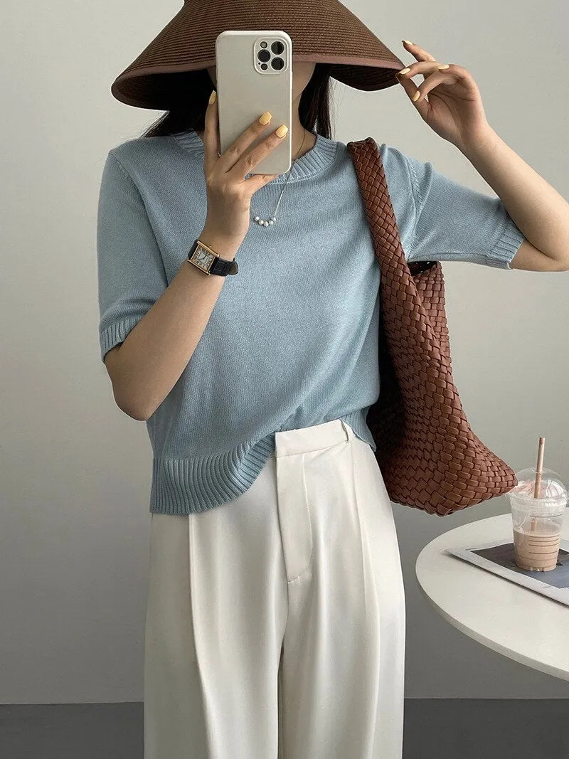 [Korean Style] 10 Color Half Sleeve Round Neck Knit Top