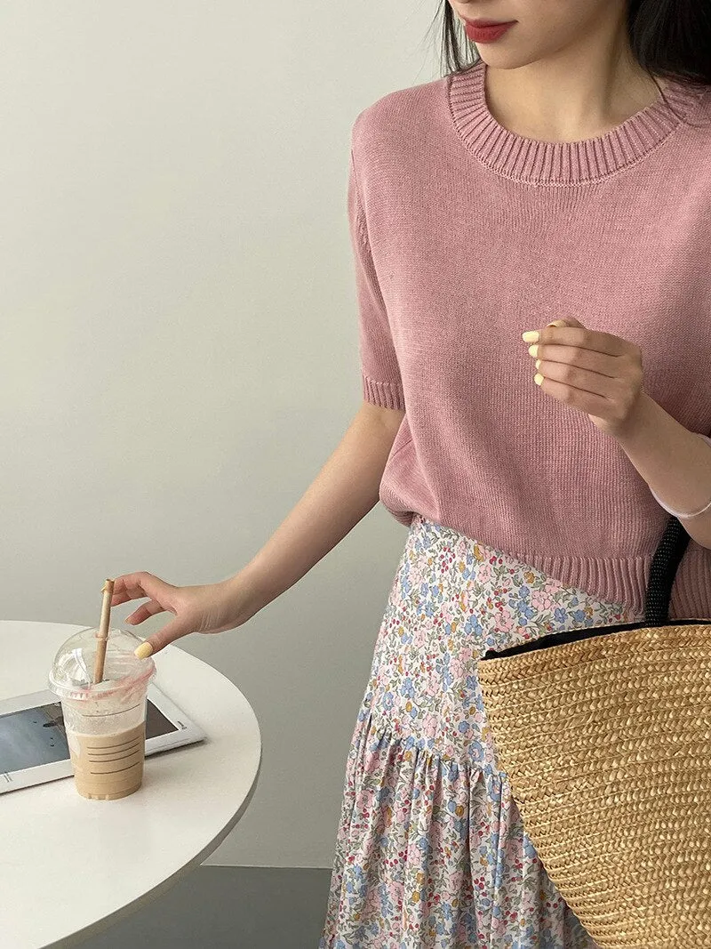 [Korean Style] 10 Color Half Sleeve Round Neck Knit Top