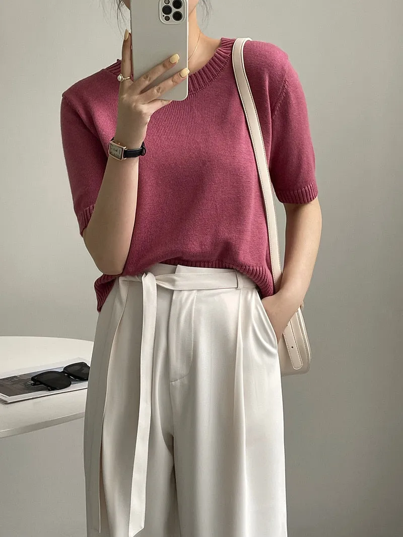 [Korean Style] 10 Color Half Sleeve Round Neck Knit Top