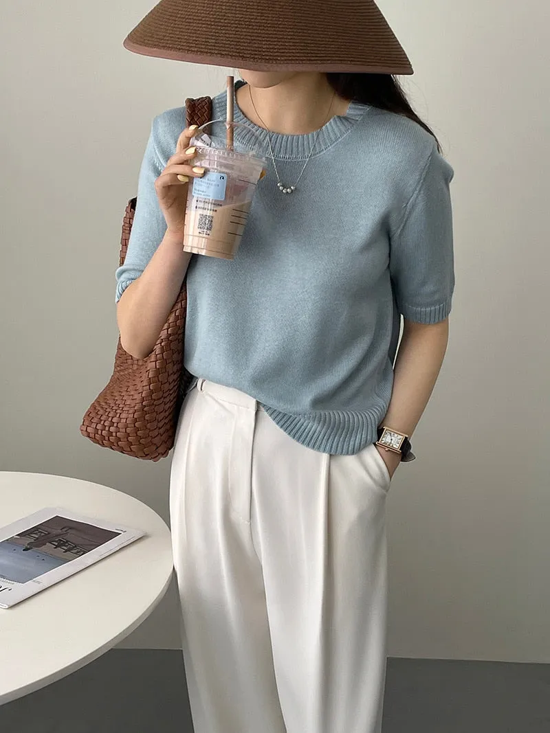 [Korean Style] 10 Color Half Sleeve Round Neck Knit Top