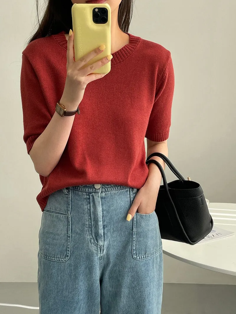 [Korean Style] 10 Color Half Sleeve Round Neck Knit Top