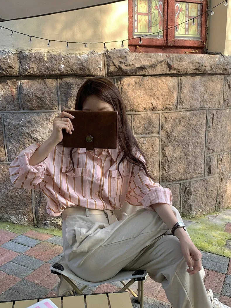 [Korean Style] 2 Color Loose Fit Cropped Shoulder Pocket Striped Shirts