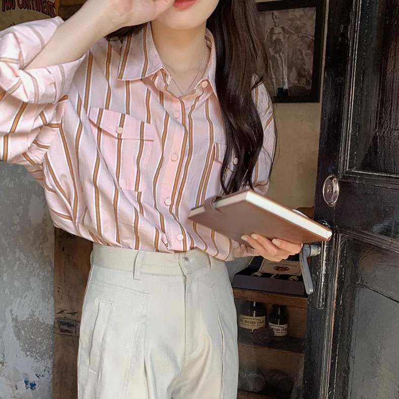 [Korean Style] 2 Color Loose Fit Cropped Shoulder Pocket Striped Shirts