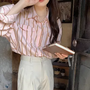 [Korean Style] 2 Color Loose Fit Cropped Shoulder Pocket Striped Shirts