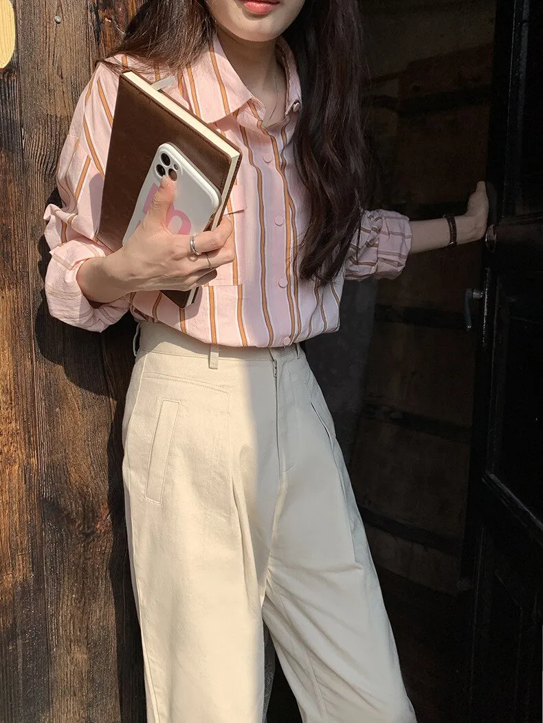 [Korean Style] 2 Color Loose Fit Cropped Shoulder Pocket Striped Shirts