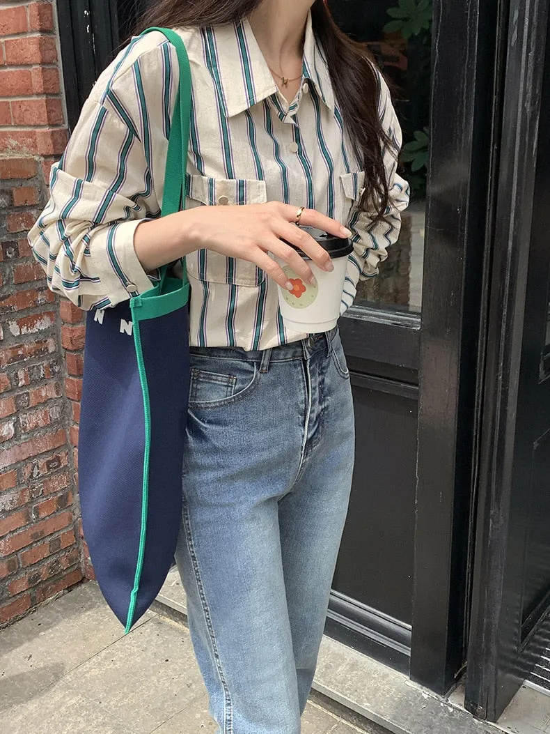 [Korean Style] 2 Color Loose Fit Cropped Shoulder Pocket Striped Shirts