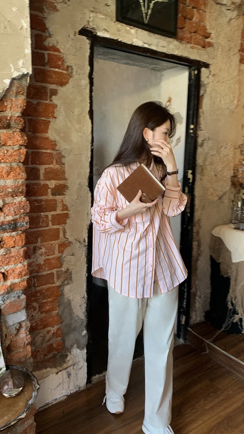 [Korean Style] 2 Color Loose Fit Cropped Shoulder Pocket Striped Shirts