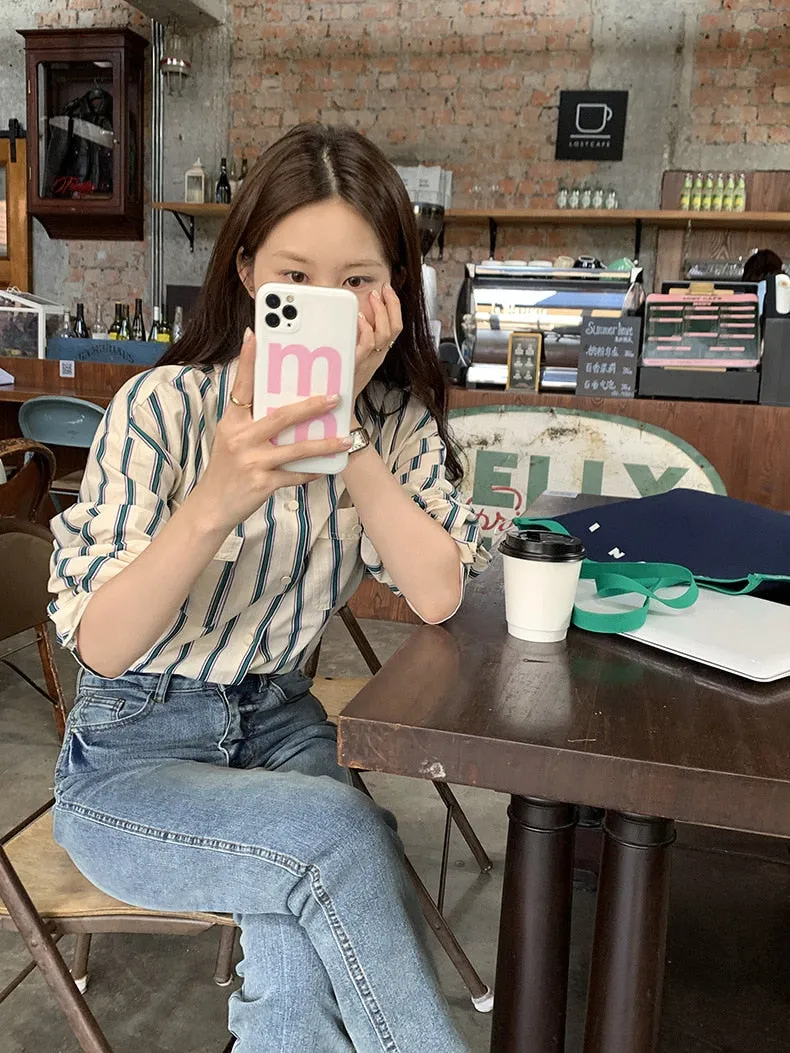 [Korean Style] 2 Color Loose Fit Cropped Shoulder Pocket Striped Shirts