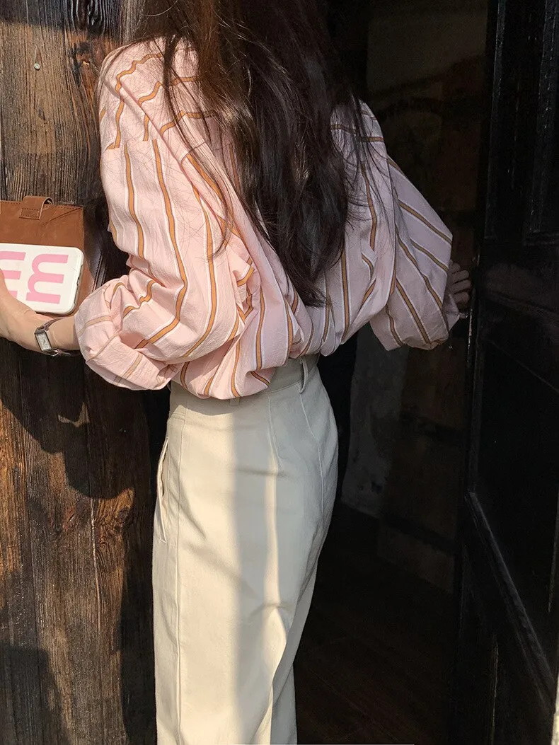 [Korean Style] 2 Color Loose Fit Cropped Shoulder Pocket Striped Shirts