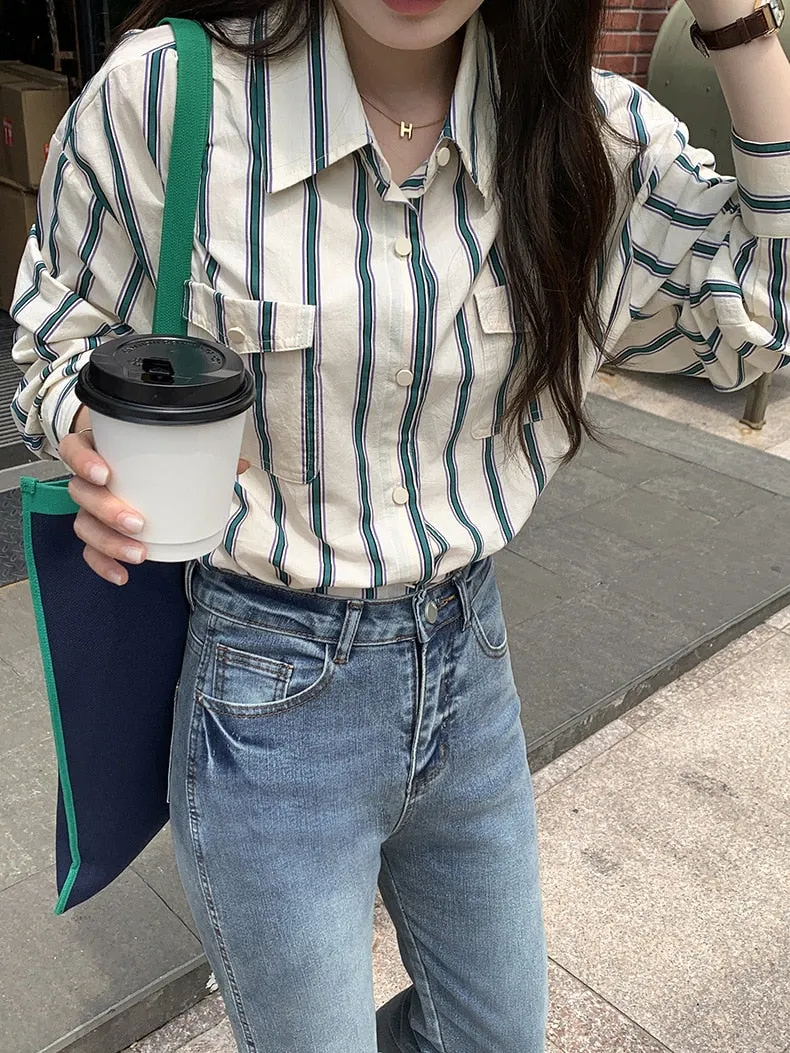[Korean Style] 2 Color Loose Fit Cropped Shoulder Pocket Striped Shirts