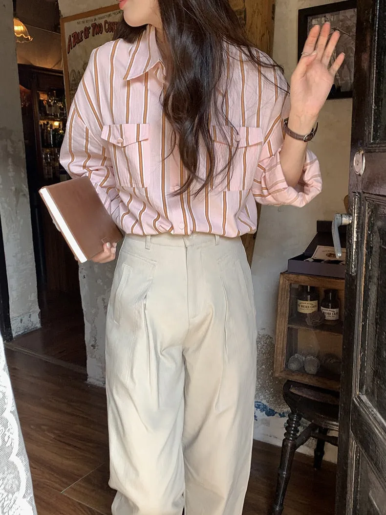 [Korean Style] 2 Color Loose Fit Cropped Shoulder Pocket Striped Shirts