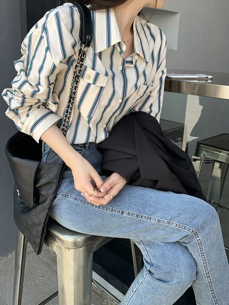 [Korean Style] 2 Color Loose Fit Cropped Shoulder Pocket Striped Shirts