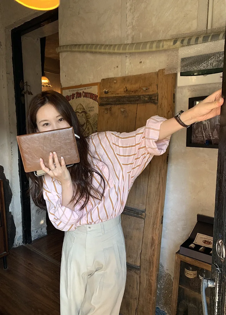 [Korean Style] 2 Color Loose Fit Cropped Shoulder Pocket Striped Shirts