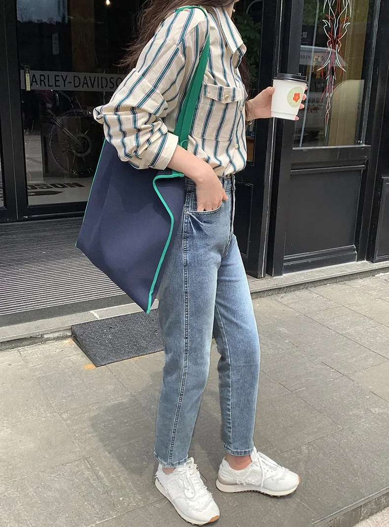 [Korean Style] 2 Color Loose Fit Cropped Shoulder Pocket Striped Shirts