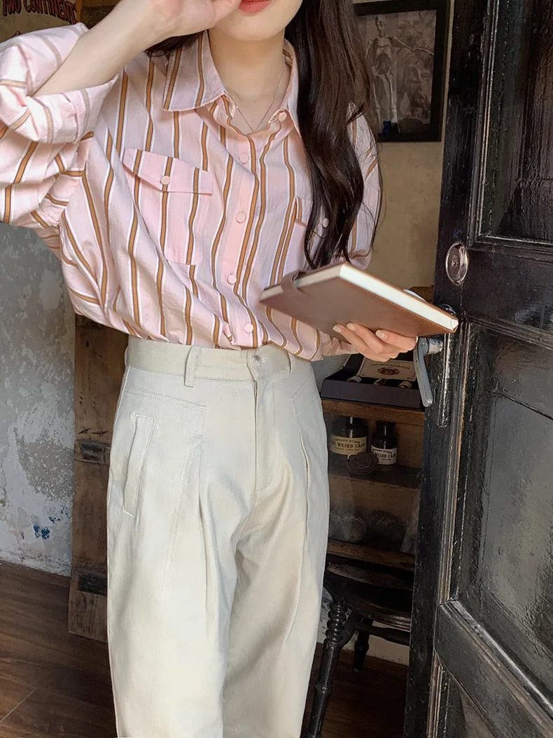 [Korean Style] 2 Color Loose Fit Cropped Shoulder Pocket Striped Shirts