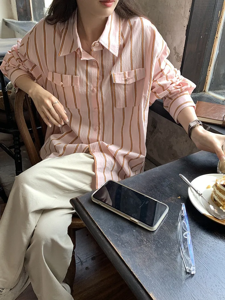 [Korean Style] 2 Color Loose Fit Cropped Shoulder Pocket Striped Shirts