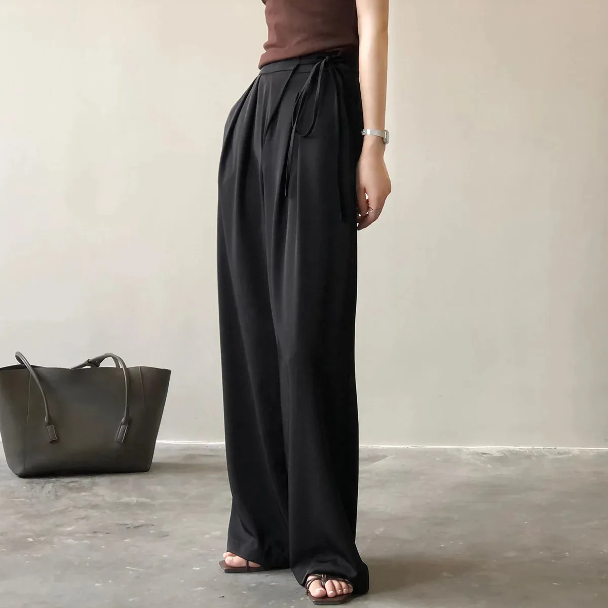 [Korean Style] 2 Colors High Waisted drawstring Tie Dress-up Trousers