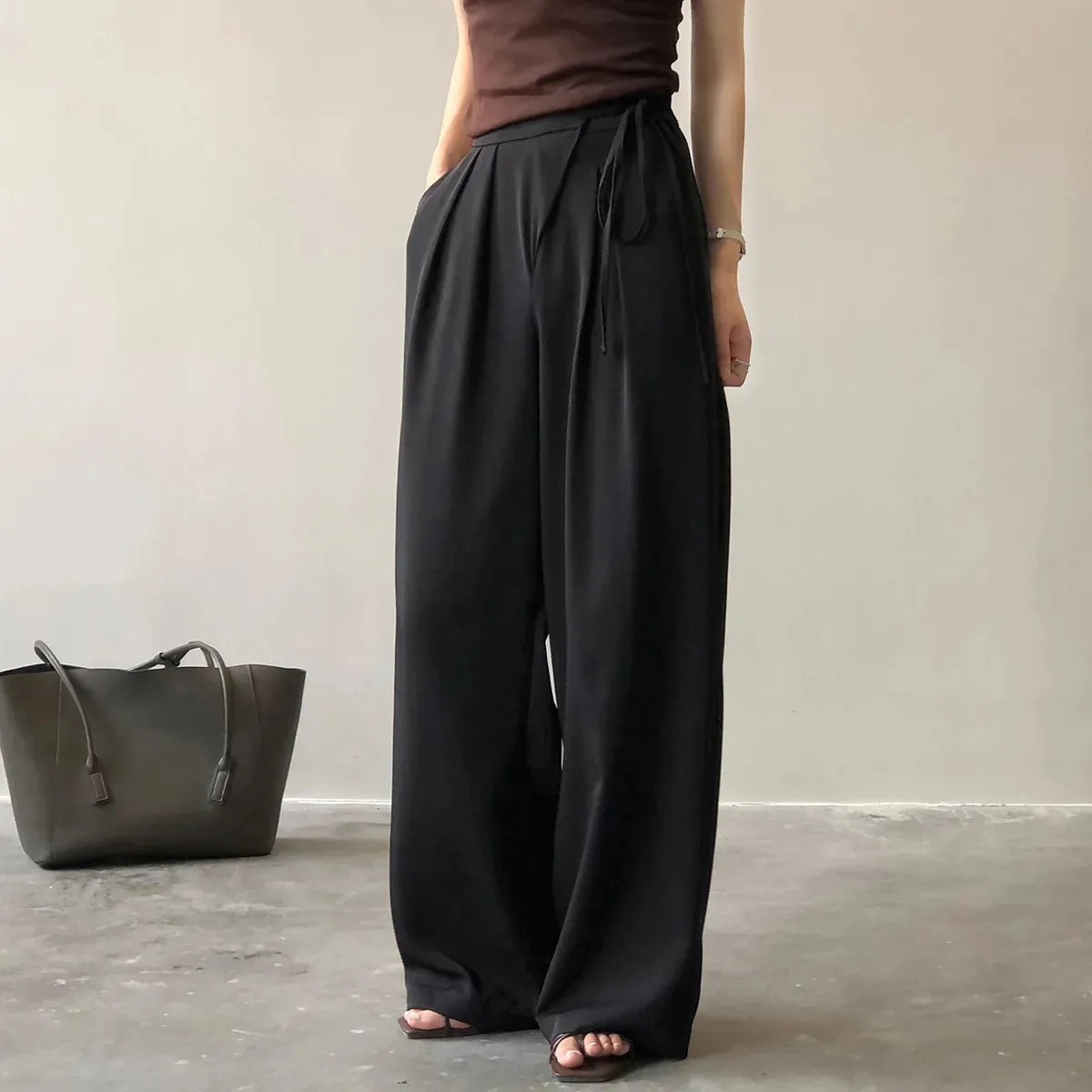 [Korean Style] 2 Colors High Waisted drawstring Tie Dress-up Trousers