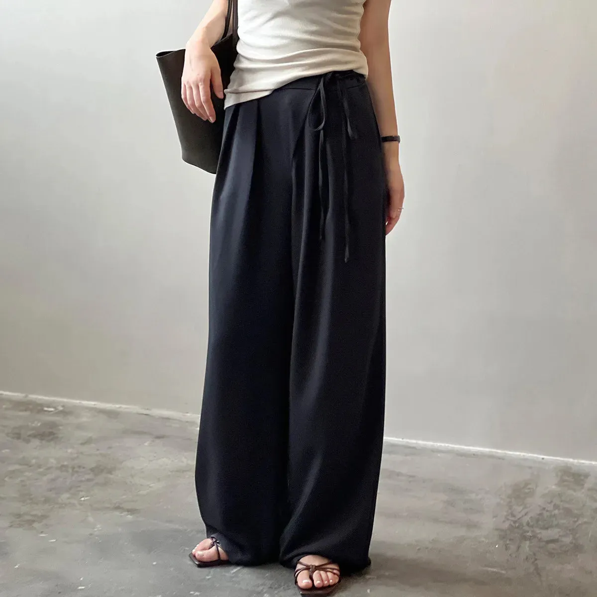 [Korean Style] 2 Colors High Waisted drawstring Tie Dress-up Trousers