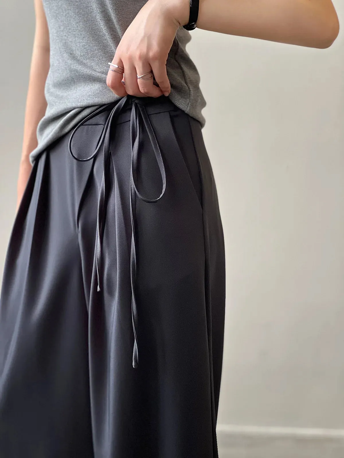 [Korean Style] 2 Colors High Waisted drawstring Tie Dress-up Trousers
