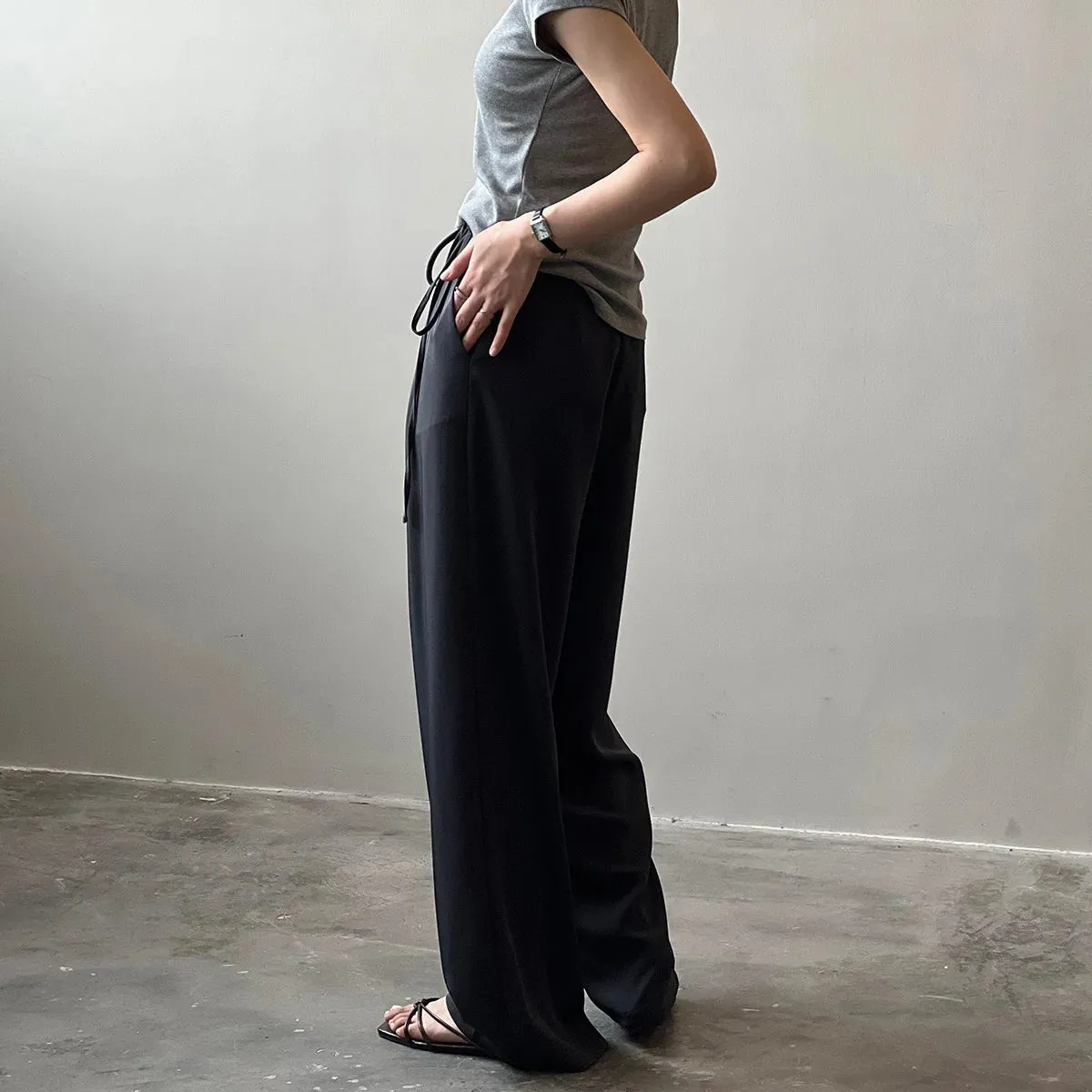 [Korean Style] 2 Colors High Waisted drawstring Tie Dress-up Trousers