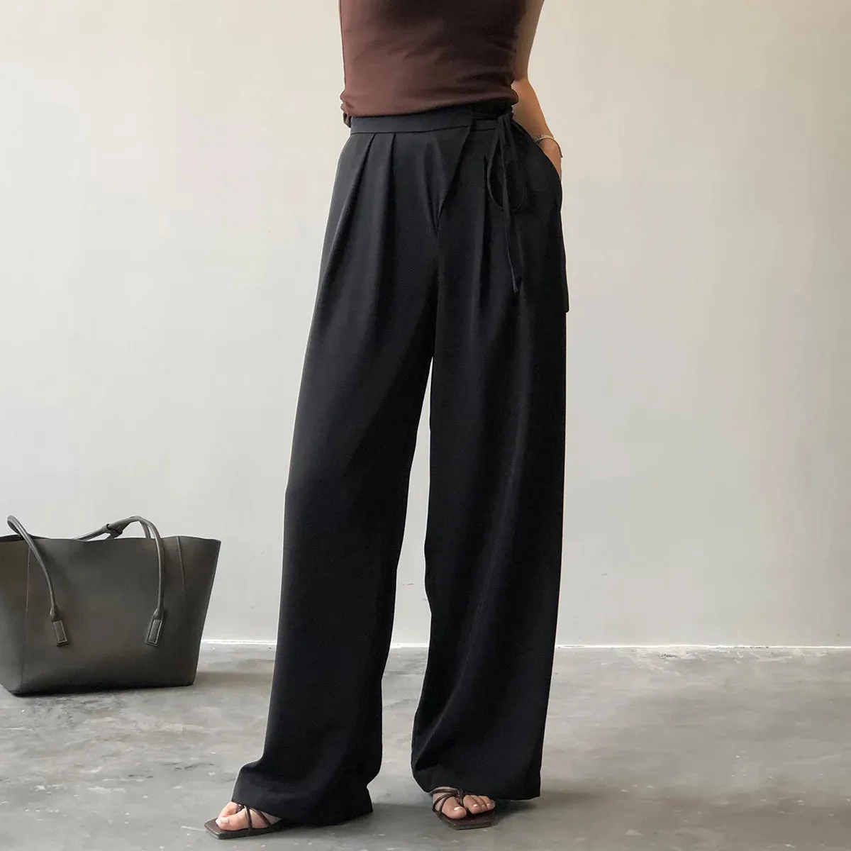 [Korean Style] 2 Colors High Waisted drawstring Tie Dress-up Trousers