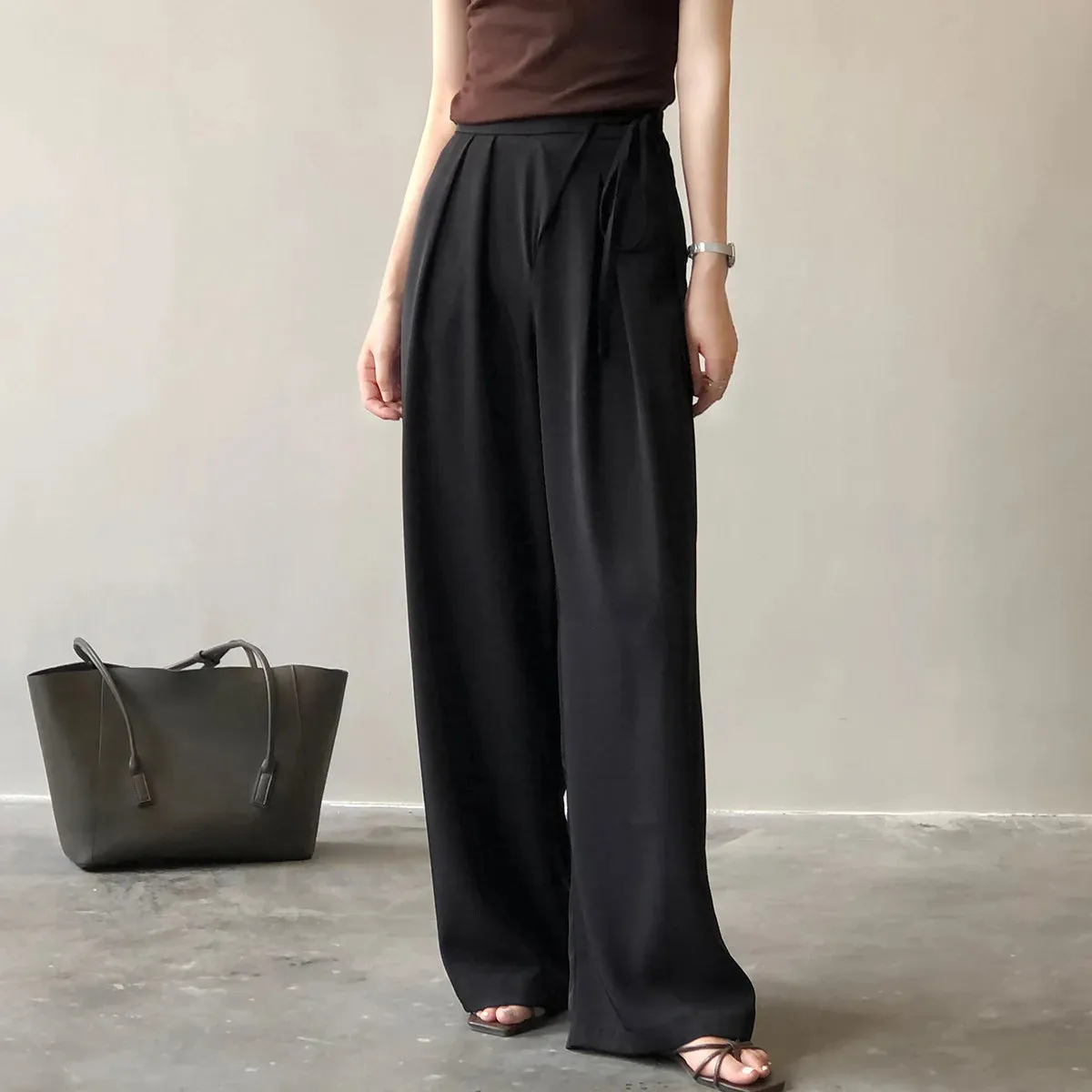 [Korean Style] 2 Colors High Waisted drawstring Tie Dress-up Trousers