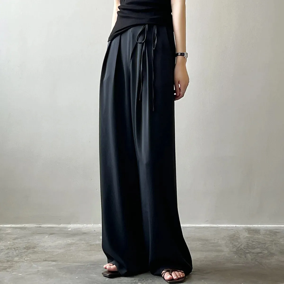 [Korean Style] 2 Colors High Waisted drawstring Tie Dress-up Trousers