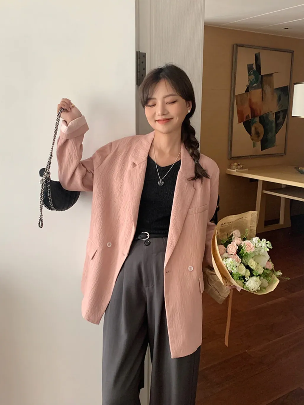 [Korean Style] 2 Colors Textured Loose Fit Casual Blazer