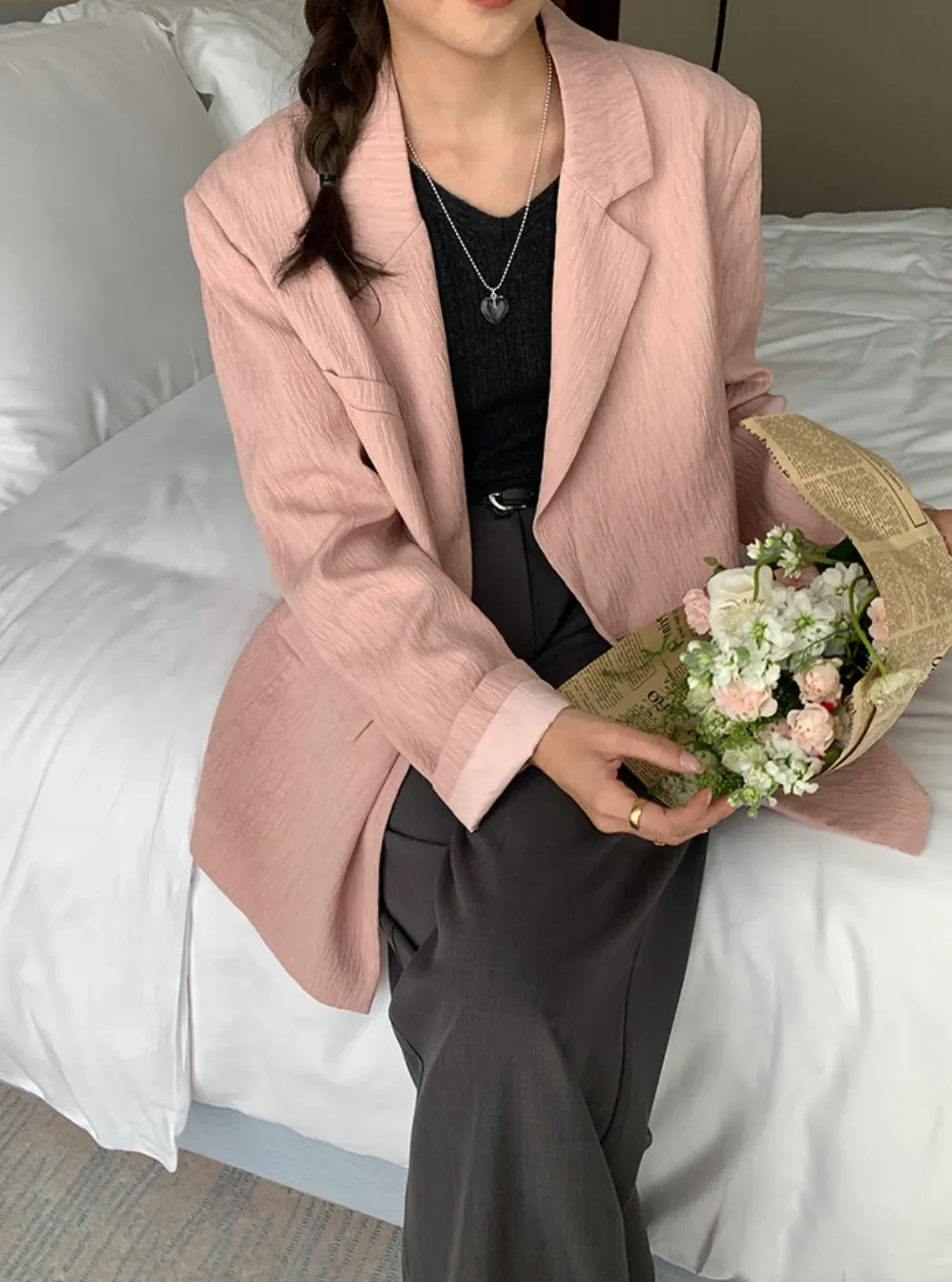 [Korean Style] 2 Colors Textured Loose Fit Casual Blazer