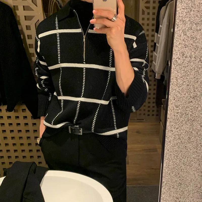 [Korean Style] 2 Colors Wool Lapel Collar Zip Sweaters